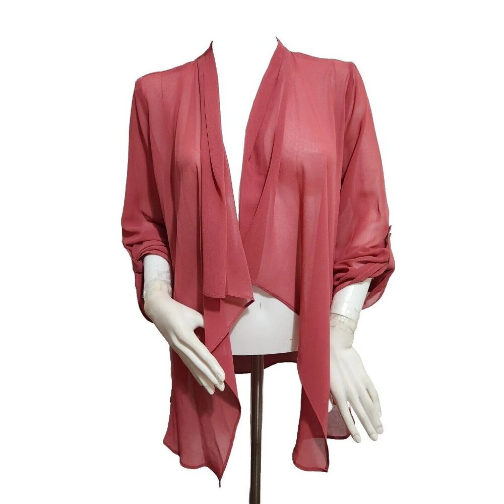INVESTMENTS OPEN FRONT ROLL TAB SLEEVE CHIFFON TOP SIZE PETITES S EARTH RED ---7